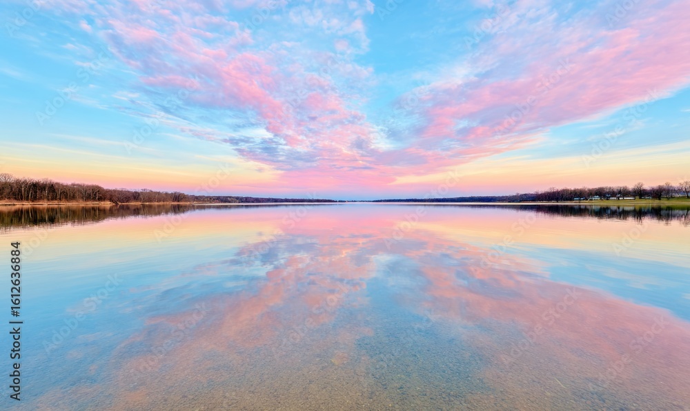 Fototapeta premium Serene Sunset Reflection Over Calm Lake Surface