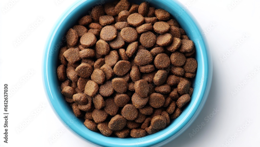 Obraz premium A blue ceramic bowl overflows with brown, circular kibble pellets on a bright white surface, seen from above, with simple lighting and clean presentation