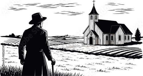 Countryside church illustration with man in hat black and white landscape