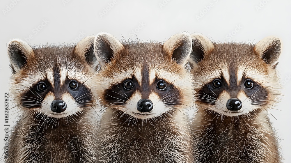 Obraz premium Three curious and mischievous raccoon explorers in the woodland