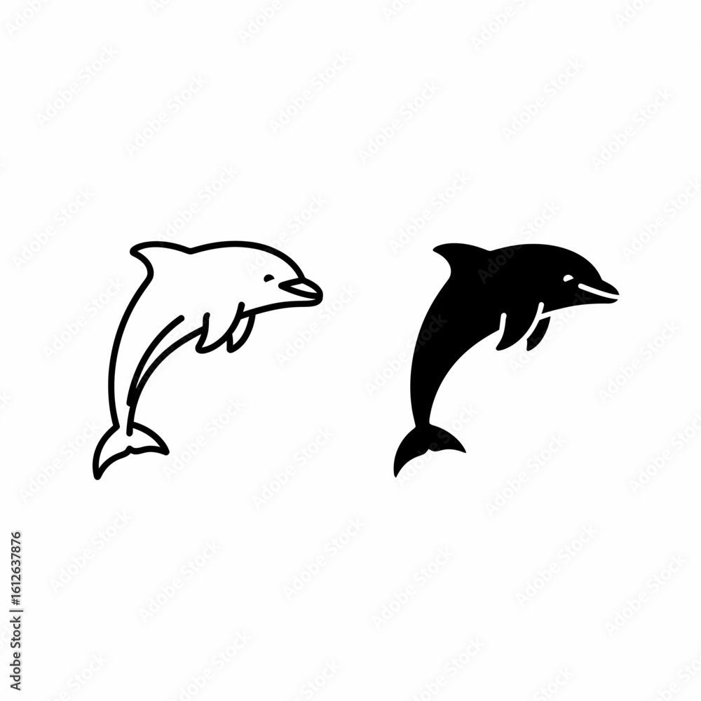 Naklejka premium Two dolphin icons, one in outline and one in solid black, jumping.
