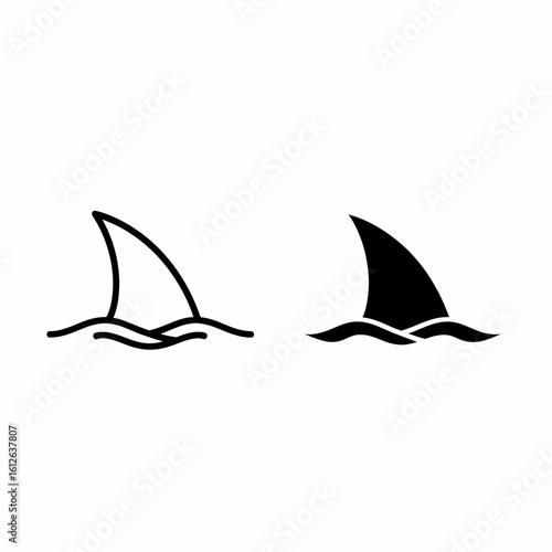 Two minimalist shark fin illustrations depicting a fin breaking the water's surface.