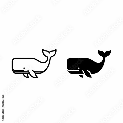 Two whale icons, one outlined and one solid black, swimming.