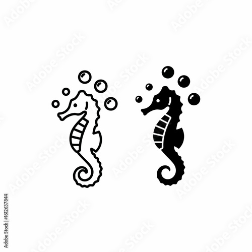 Two seahorse icons, one outlined and one solid black, with bubbles above them.