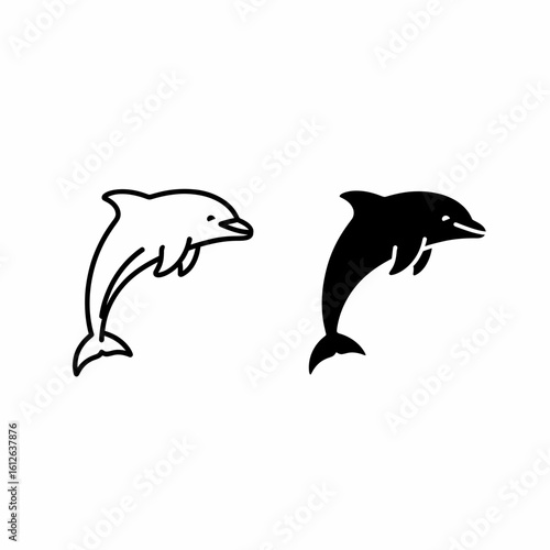 Two dolphin icons, one in outline and one in solid black, jumping.