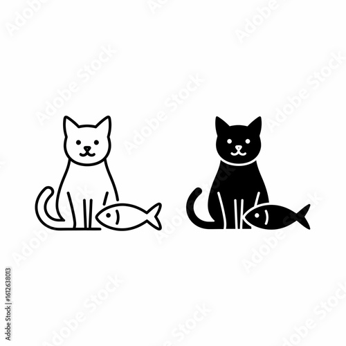 Two cat icons: one outlined and one solid black, each sitting next to a fish.