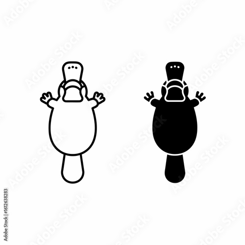 Two platypus illustrations, one in black silhouette and one in outline, viewed from above.