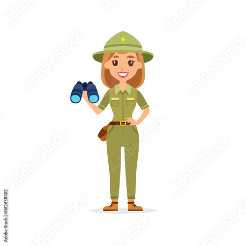Cartoon Female Explorer with Binoculars and Safari Hat.