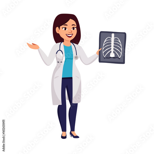 Cartoon Female Doctor Holding Rib Cage Xray Image.