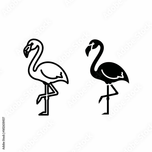 Elegant flamingo illustrations, one white line art, one solid black, standing on one leg.