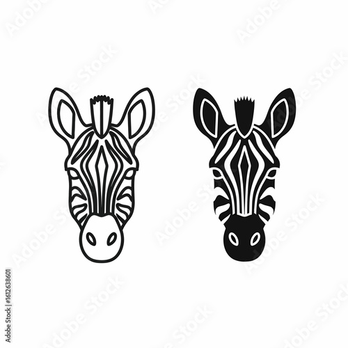 Two zebra head illustrations, one in outline and the other in solid black, both facing forward.