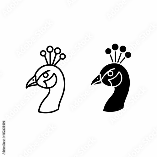 Two stylized peacock head silhouettes, one line art, one solid black, against a white background.