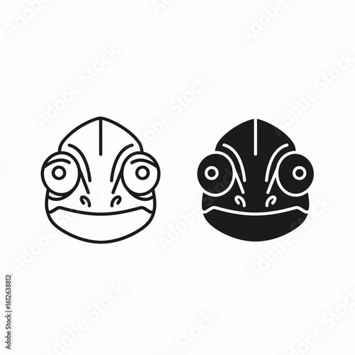 Simple line art and solid chameleon head illustrations.