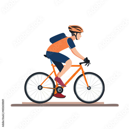 Cyclist in Orange and Blue Gear Riding an Orange Bicycle.