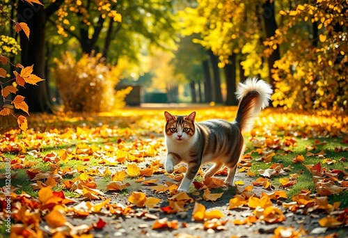 Wallpaper Mural Golden autumn leaves swirl around a playful dog and cat chasing each other in a sun-dappled park, daylight, animal friends Torontodigital.ca