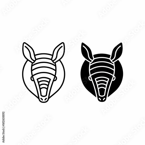 Two armadillo head icons, one outlined in white, the other filled in black, both centered on a white background.