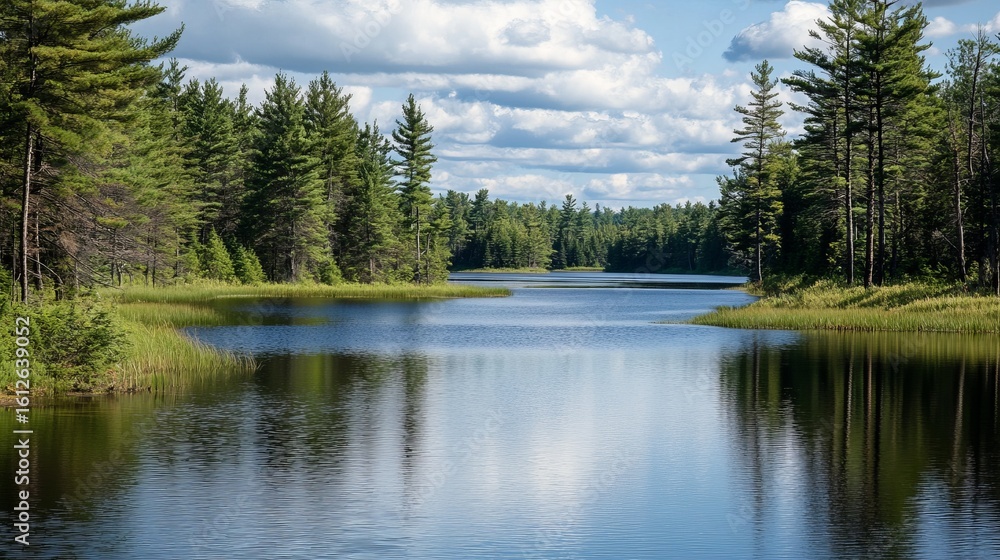 Fototapeta premium Serene lake reflecting a forest sky