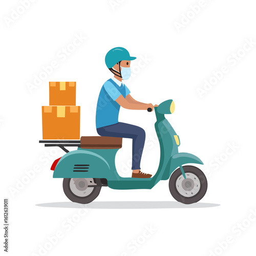 Delivery Person Riding Scooter with Packages and Face Mask.