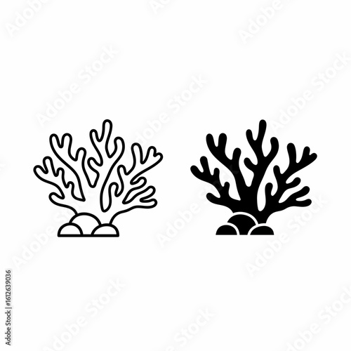 Simple line art and solid black illustrations of coral reef formations.