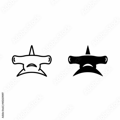 Two stylized hammerhead shark illustrations, one outlined, the other filled in black, side-by-side.