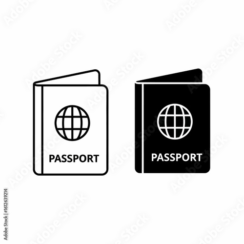 Two passport icons, one in black and white outline, the other in solid black, both featuring a globe symbol.