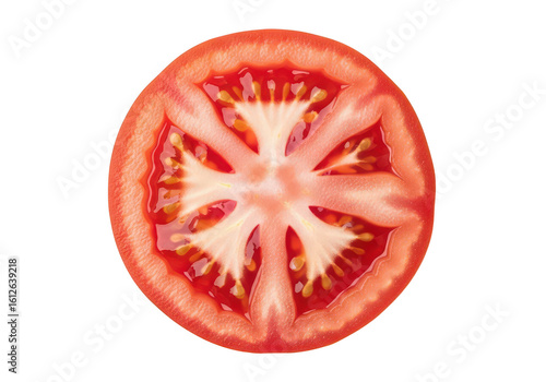 Close up of a bright red tomato slice with seeds and pulp food fresh