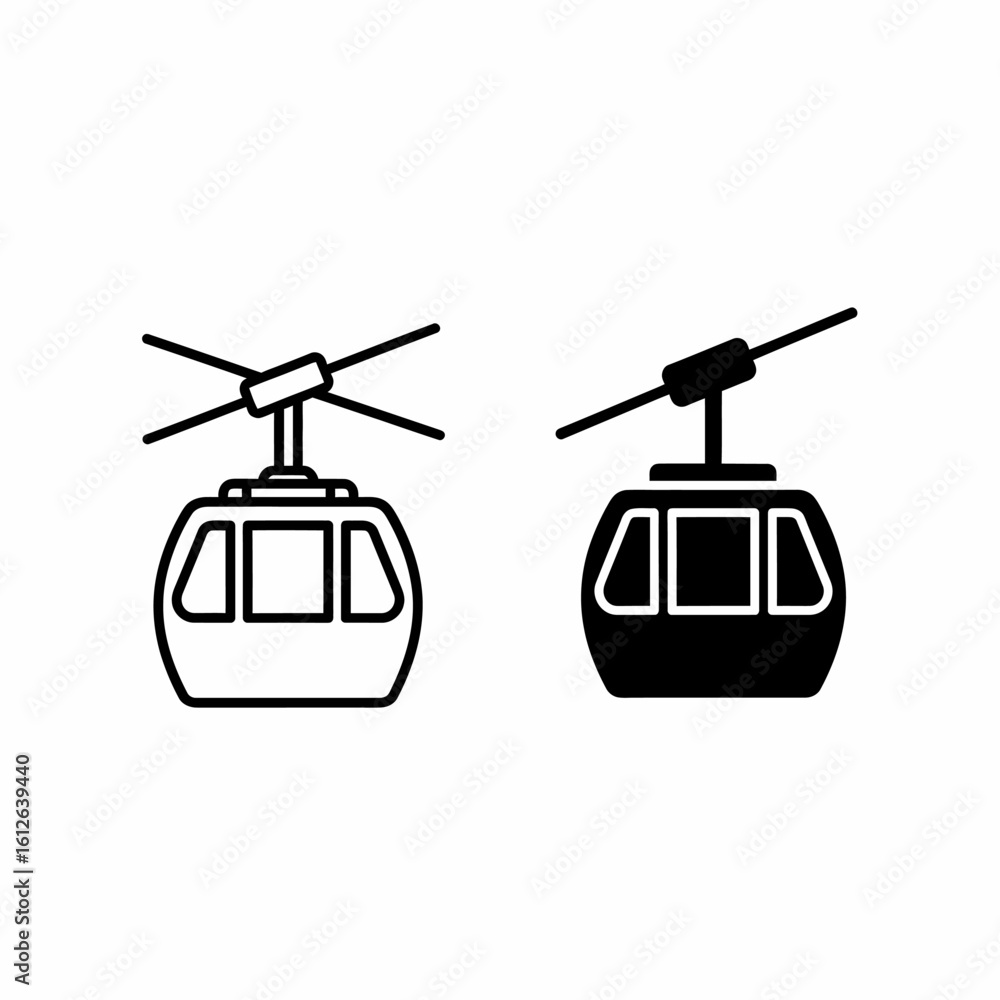 Fototapeta premium Two simple cable car icons, one black, one white outline, illustrating a gondola lift system.