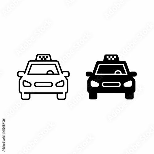 Two simple black and white taxi cab icons, front view, showing a driver inside.