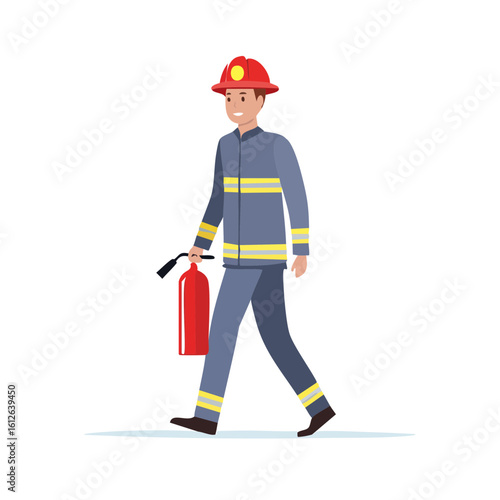 Firefighter in Uniform Carrying a Red Fire Extinguisher.