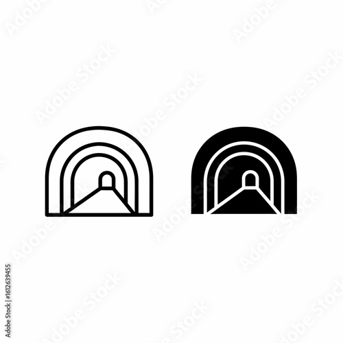 Two minimalist tunnel illustrations, one outlined and the other solid, representing passage and depth.