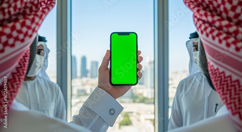Businessmen in traditional Middle Eastern attire review a phone screen displaying a green background in a modern .