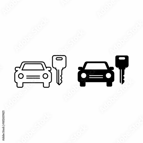 Two stylized car icons, one outlined and one filled, with accompanying key symbols.