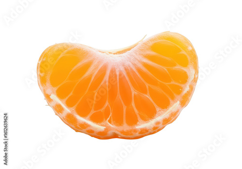 Close up of a single bright orange tangerine segment against citrus fruit