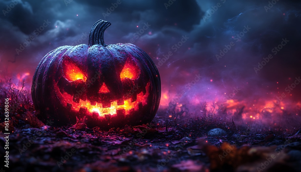 Fototapeta premium Glowing Jack O Lantern with Fiery Background and Dark Sky Halloween pumpkin