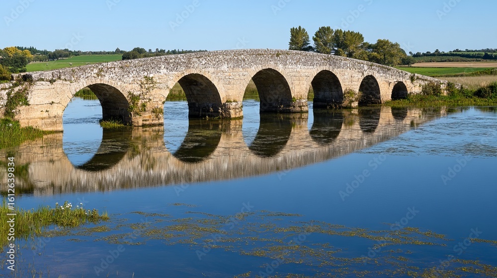 Fototapeta premium Stone arch bridge over tranquil river, reflections