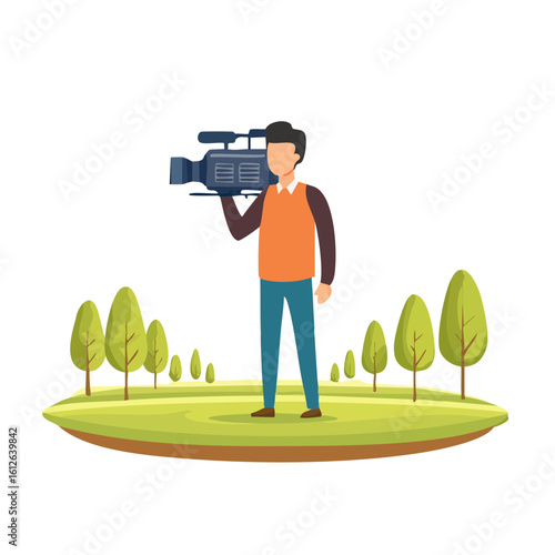 Man holding professional video camera in a park setting.