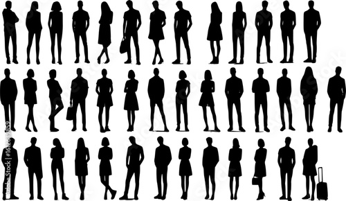 Vector silhouettes men and women, illustration. Silhouettes of young people posing in casual clothes. EPS version.