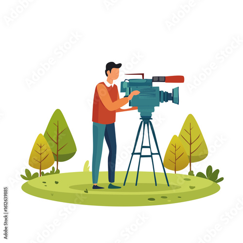 Man operating a professional video camera on a tripod outdoors.
