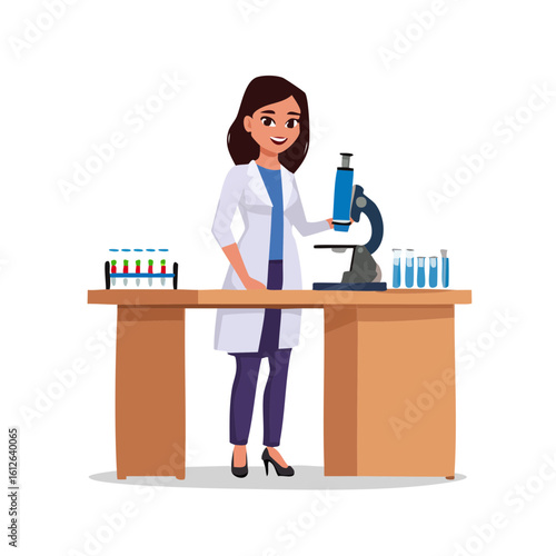Scientist in Lab Coat Working with Microscope and Test Tubes.