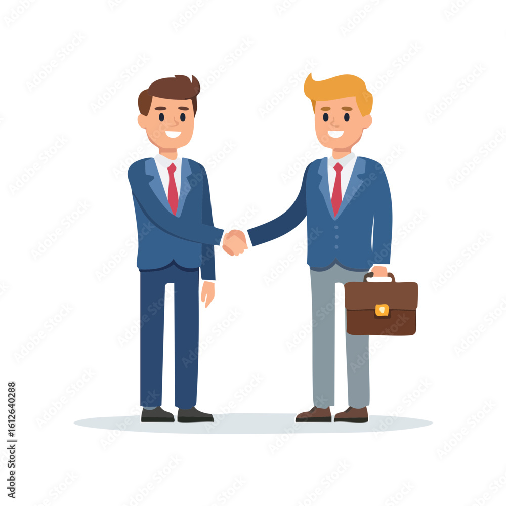 Two businessmen in suits shaking hands with a briefcase. Two businessmen in suits shaking hands with a briefcase.