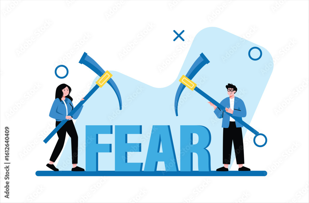 Fototapeta premium Team Overcoming Teal Fear with Pickaxes on White Background