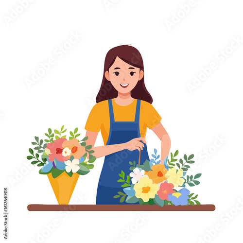 Woman Florist Arranging Colorful Bouquets of Flowers.