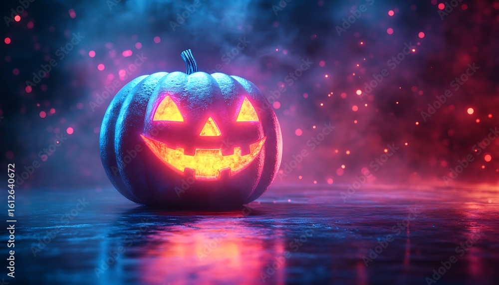 Naklejka premium Glowing Jack O Lantern with Neon Blue and Pink Lighting and Bokeh halloween pumpkin