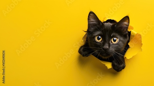 A cute black cat peeks out from a hole in yellow background paper. Hide and seek. Mischievous pets and naughty pets. Blank space left. Yellow eyes.