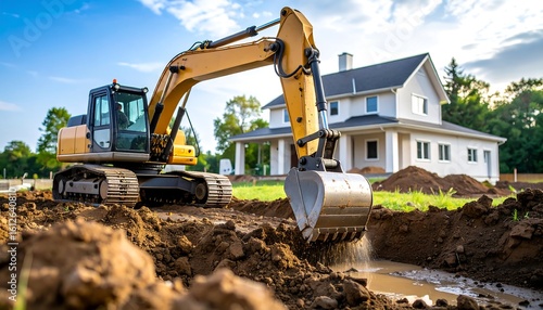 Excavator digs foundation for new home