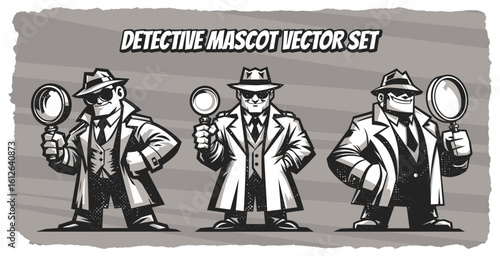 Detective Mascot Vector Set with Magnifying Glasses