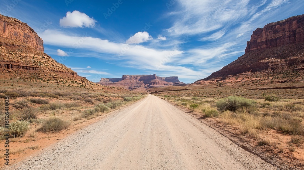 Fototapeta premium Dusty road through red rock canyon under a blue sky