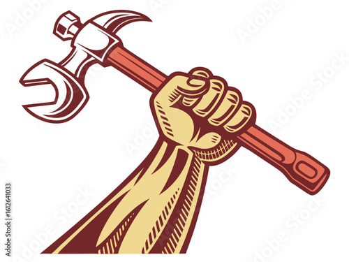 Hand Holding Hammer and Wrench Combination Tool Symbol of Labor Construction and Skilled Trades