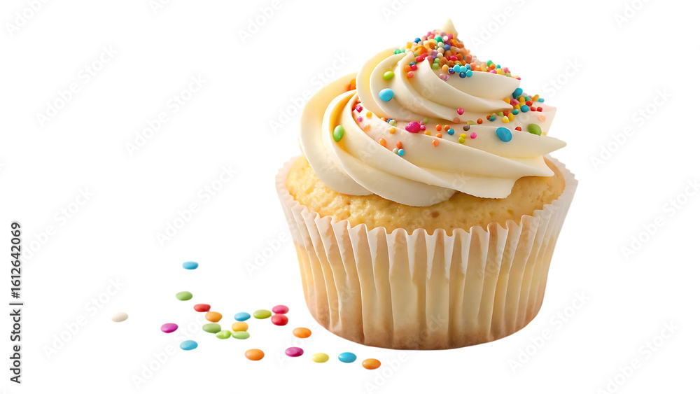 Delicious vanilla cupcake with swirled frosting and colorful sprinkles on black background Delicious vanilla cupcake with swirled frosting and colorful sprinkles on black background