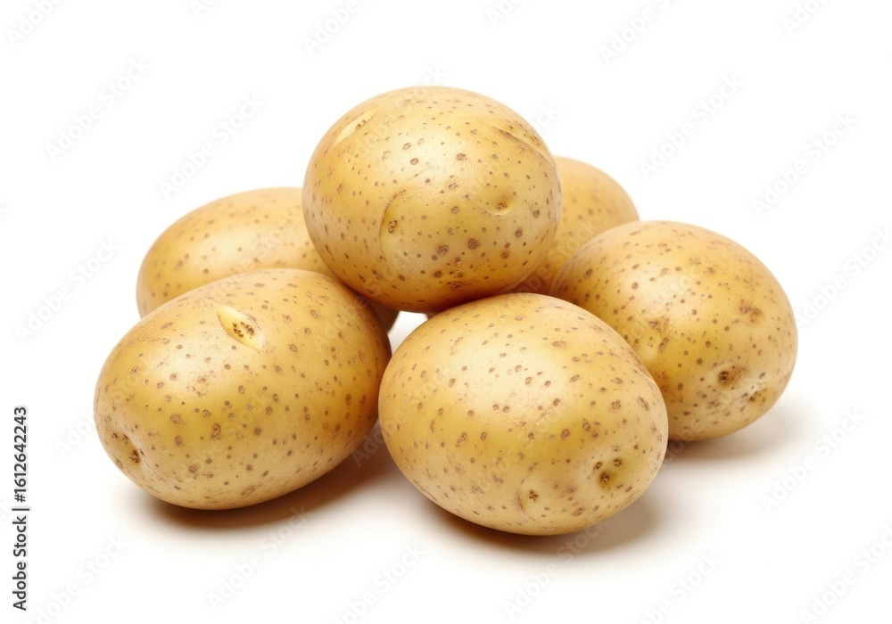 Pile of Five Light Brown Potatoes with Brown Spots on White food vegetable Pile of Five Light Brown Potatoes with Brown Spots on White food vegetable